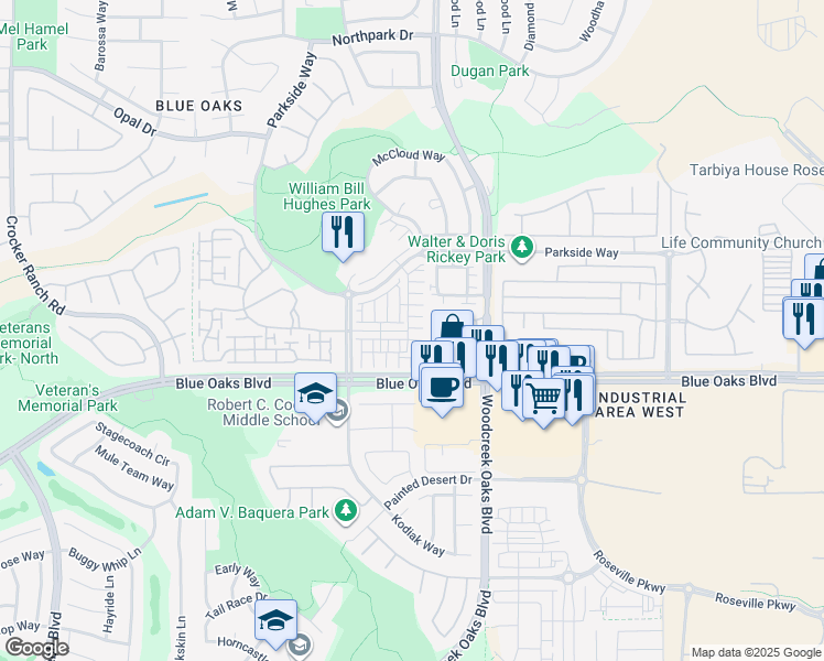 map of restaurants, bars, coffee shops, grocery stores, and more near 900 Lyon Place in Roseville