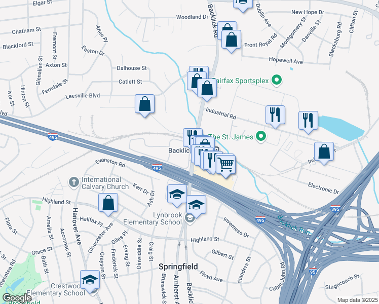 map of restaurants, bars, coffee shops, grocery stores, and more near 7003 Rhoden Court in North Springfield