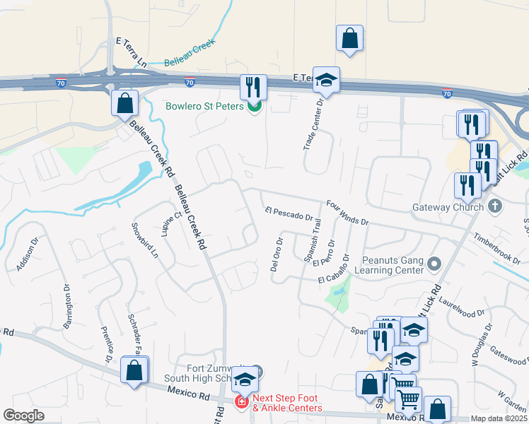 map of restaurants, bars, coffee shops, grocery stores, and more near 226 El Pescado Drive in St. Peters