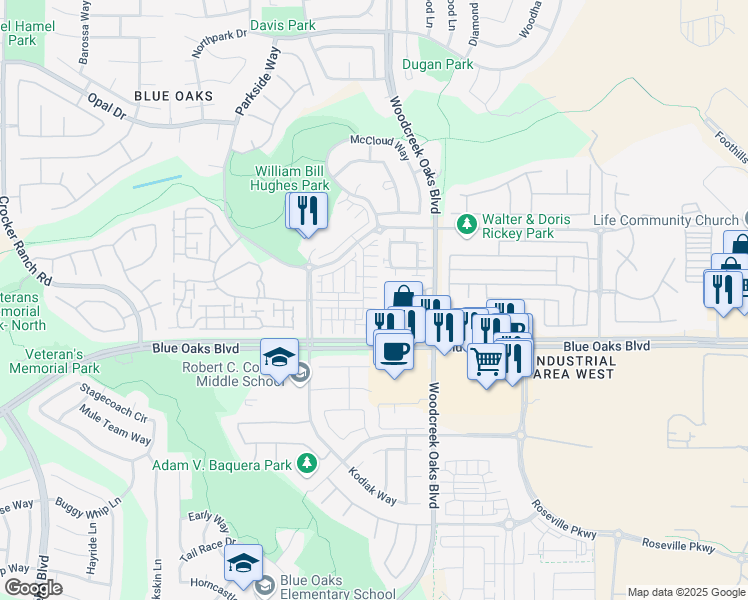 map of restaurants, bars, coffee shops, grocery stores, and more near 916 Lyon Place in Roseville