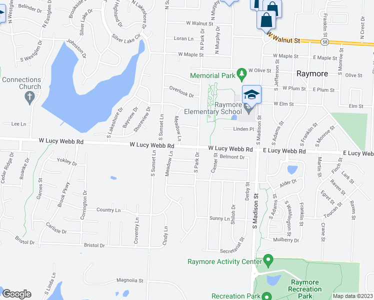 map of restaurants, bars, coffee shops, grocery stores, and more near 607 West Lucy Webb Road in Raymore