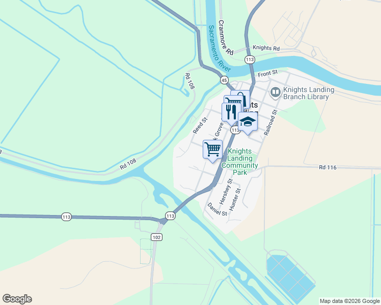 map of restaurants, bars, coffee shops, grocery stores, and more near 9643 Reed Street in Knights Landing