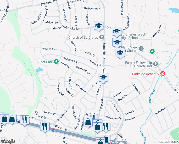 map of restaurants, bars, coffee shops, grocery stores, and more near 3229 Highgate Lane in Saint Charles