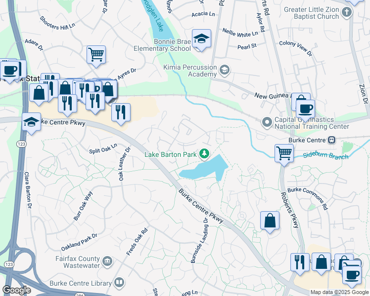map of restaurants, bars, coffee shops, grocery stores, and more near 10629 Lakeside Oak Court in Burke