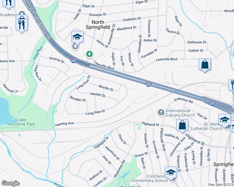 map of restaurants, bars, coffee shops, grocery stores, and more near 7509 Murillo Street in Springfield
