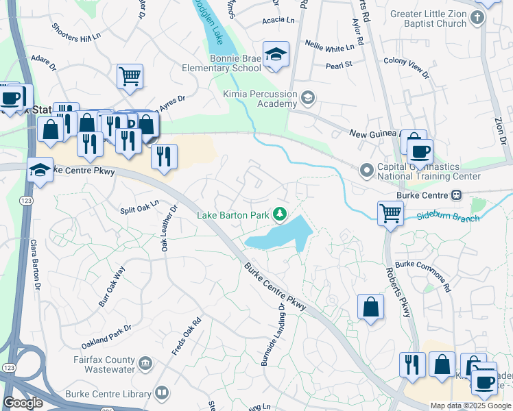 map of restaurants, bars, coffee shops, grocery stores, and more near 10623 Lakeside Oak Court in Burke