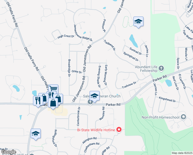 map of restaurants, bars, coffee shops, grocery stores, and more near 12553 Evening Shade Drive in Florissant