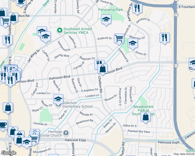 map of restaurants, bars, coffee shops, grocery stores, and more near 4531 Lamplighter Circle in Colorado Springs