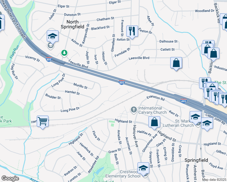 map of restaurants, bars, coffee shops, grocery stores, and more near 7310 Husky Ln in North Springfield