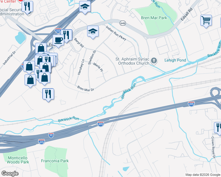 map of restaurants, bars, coffee shops, grocery stores, and more near 6315 Bren Mar Drive in Alexandria