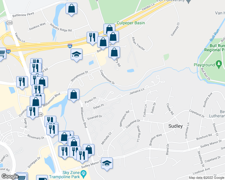 map of restaurants, bars, coffee shops, grocery stores, and more near 7410 Barbados Lane in Manassas