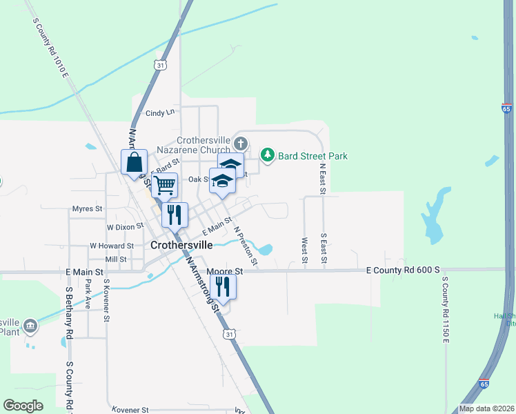 map of restaurants, bars, coffee shops, grocery stores, and more near 612 East Main Circle in Crothersville