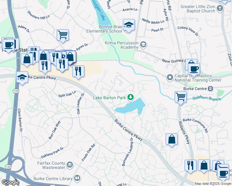 map of restaurants, bars, coffee shops, grocery stores, and more near 10631 Lakeside Oak Court in Burke