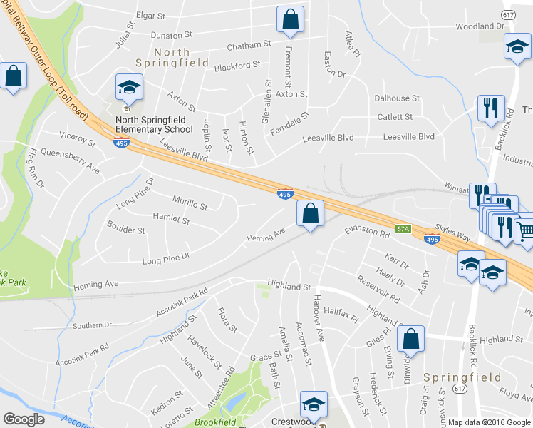 map of restaurants, bars, coffee shops, grocery stores, and more near 7310 Husky Ln in North Springfield