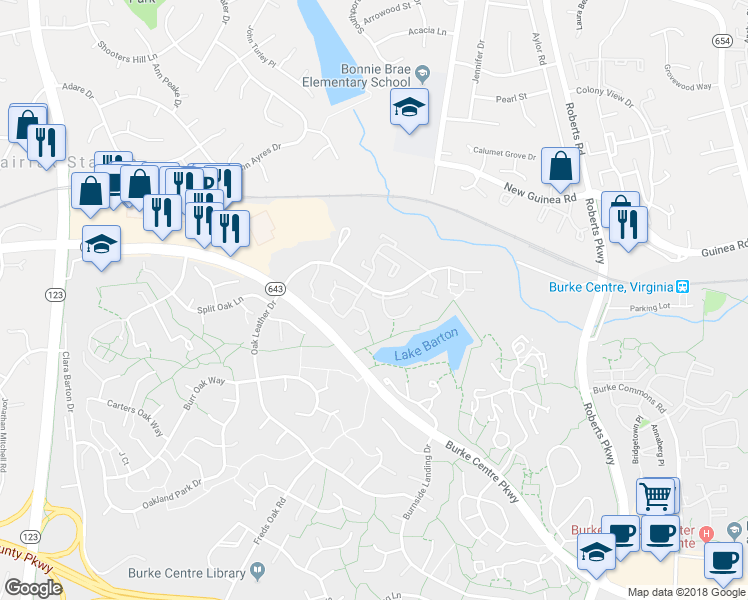 map of restaurants, bars, coffee shops, grocery stores, and more near 10635 Lakeside Oak Court in Burke