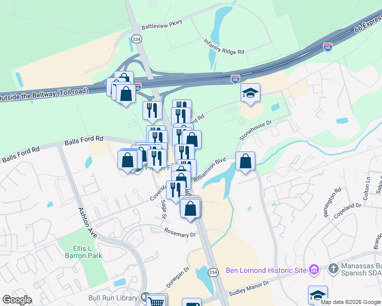 map of restaurants, bars, coffee shops, grocery stores, and more near 7321 Sudley Road in Manassas