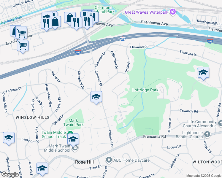 map of restaurants, bars, coffee shops, grocery stores, and more near 5676 Ridge View Drive in Alexandria