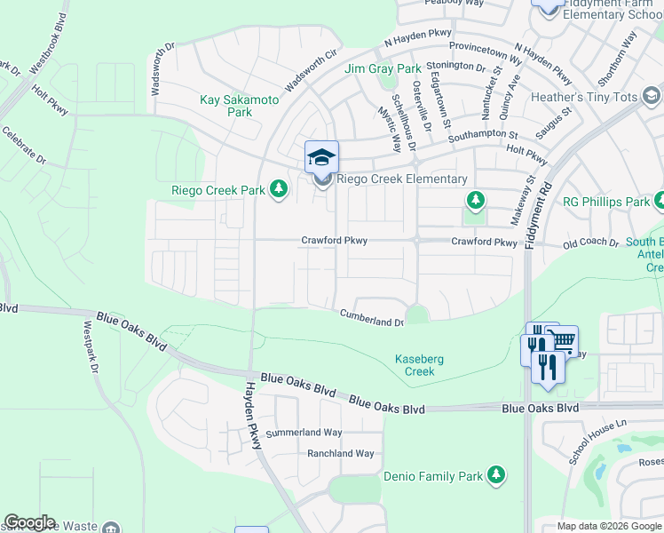 map of restaurants, bars, coffee shops, grocery stores, and more near 3094 Pruett Drive in Roseville