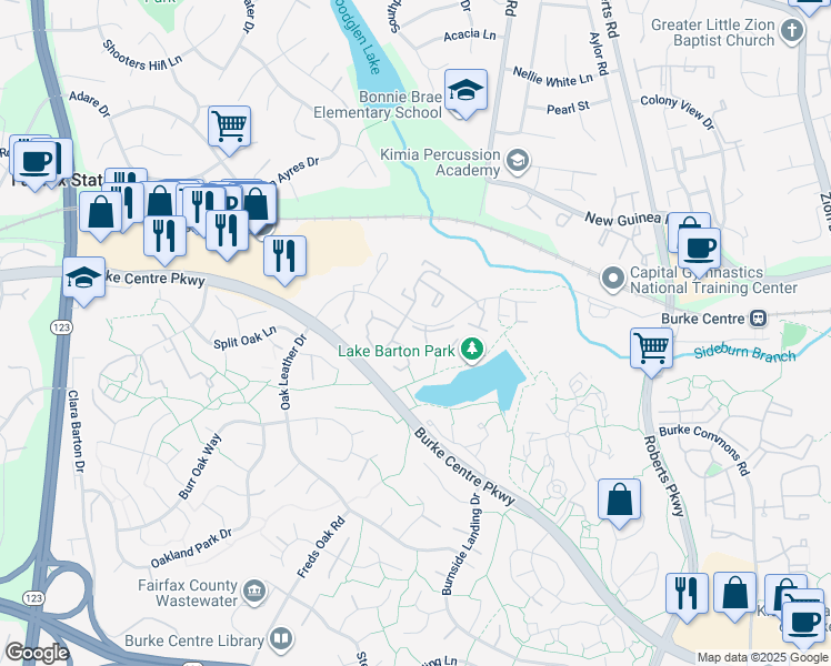 map of restaurants, bars, coffee shops, grocery stores, and more near 10635 Lakeside Oak Court in Burke