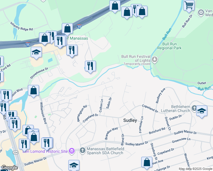 map of restaurants, bars, coffee shops, grocery stores, and more near 7380 Colton Lane in Manassas