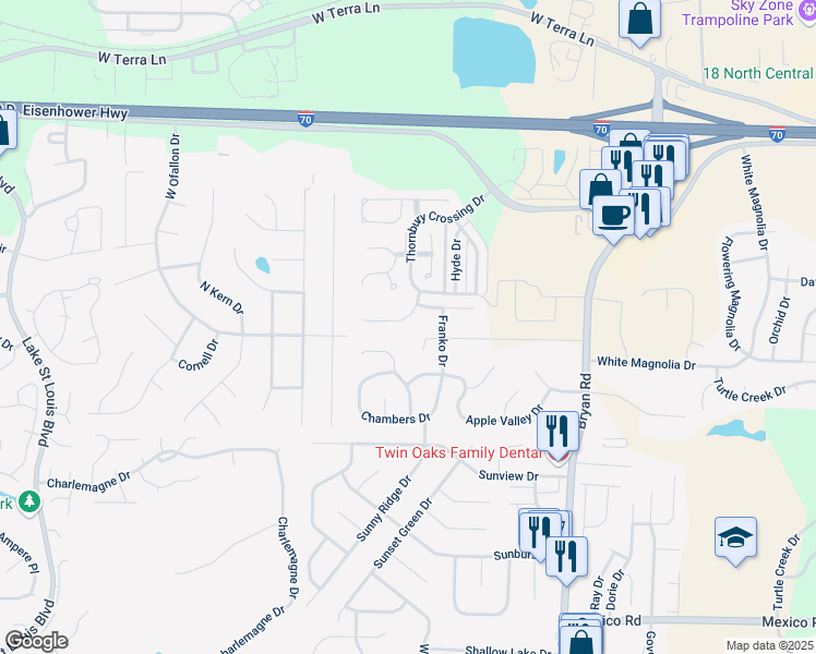 map of restaurants, bars, coffee shops, grocery stores, and more near 100 Chantry Drive in O'Fallon