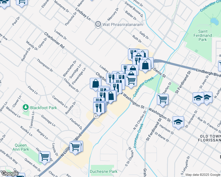 map of restaurants, bars, coffee shops, grocery stores, and more near 660 Charbonier Road in Florissant