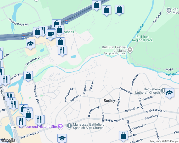 map of restaurants, bars, coffee shops, grocery stores, and more near 7380 Colton Lane in Manassas