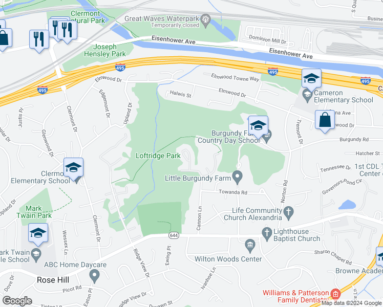 map of restaurants, bars, coffee shops, grocery stores, and more near 5717 Evergreen Knoll Court in Alexandria