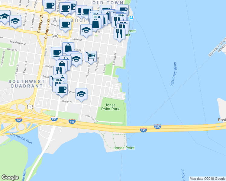 map of restaurants, bars, coffee shops, grocery stores, and more near 712 Battery Place in Alexandria