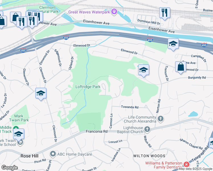 map of restaurants, bars, coffee shops, grocery stores, and more near 5717 Evergreen Knoll Court in Alexandria
