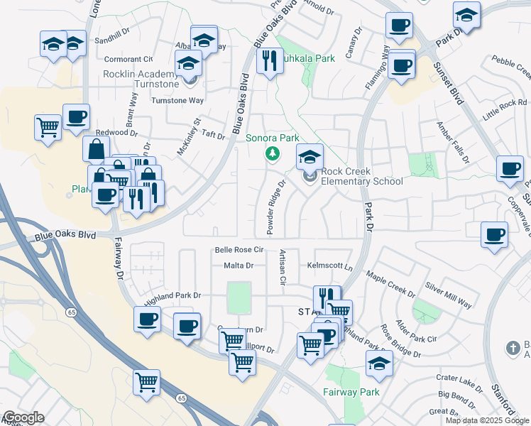 map of restaurants, bars, coffee shops, grocery stores, and more near 6548 Powder Ridge Drive in Rocklin