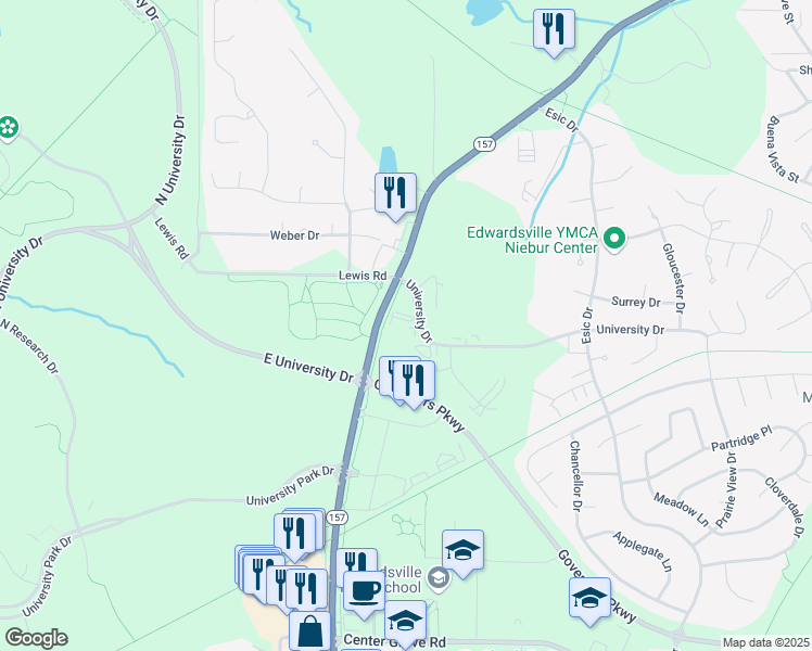 map of restaurants, bars, coffee shops, grocery stores, and more near East University Drive in Edwardsville