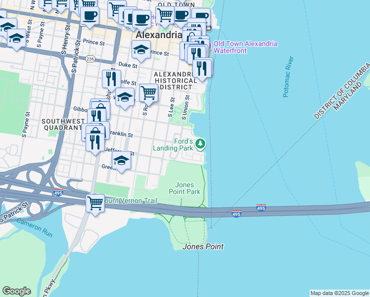 map of restaurants, bars, coffee shops, grocery stores, and more near 712 Battery Place in Alexandria