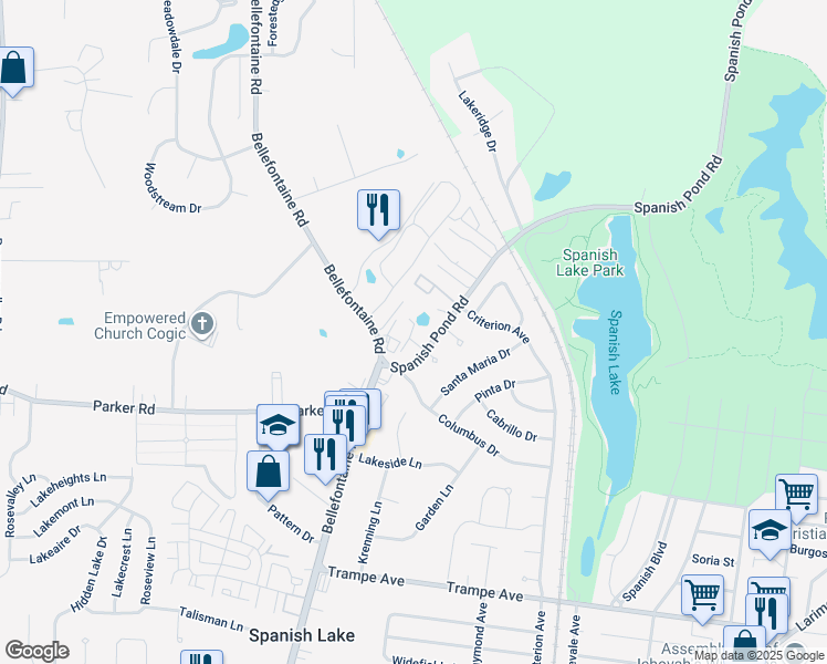 map of restaurants, bars, coffee shops, grocery stores, and more near 12240 Villa Lago Court in St. Louis