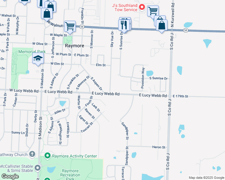 map of restaurants, bars, coffee shops, grocery stores, and more near 517 Sky Vue Drive in Raymore