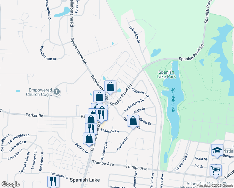 map of restaurants, bars, coffee shops, grocery stores, and more near 12240 Villa Lago Court in St. Louis