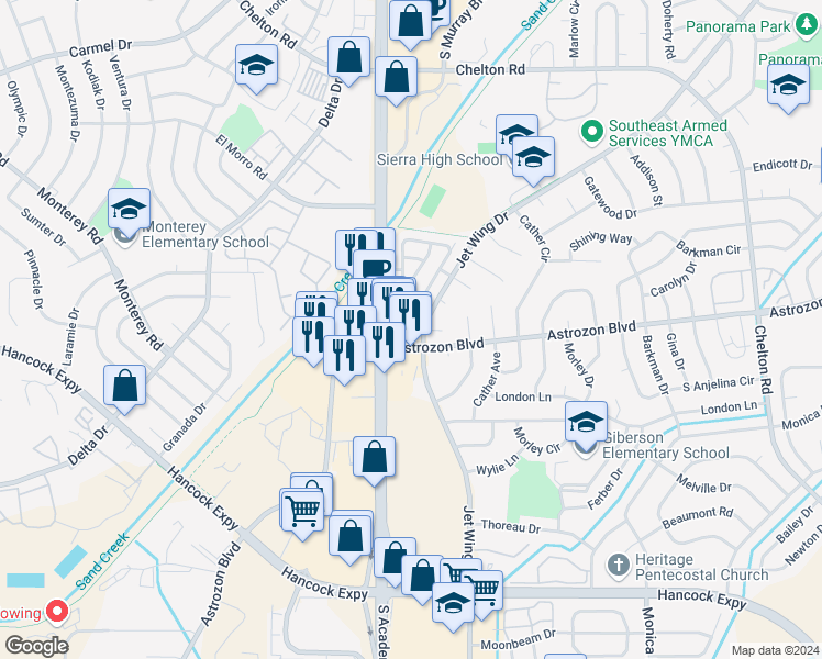 map of restaurants, bars, coffee shops, grocery stores, and more near 2475 South Academy Boulevard in Colorado Springs
