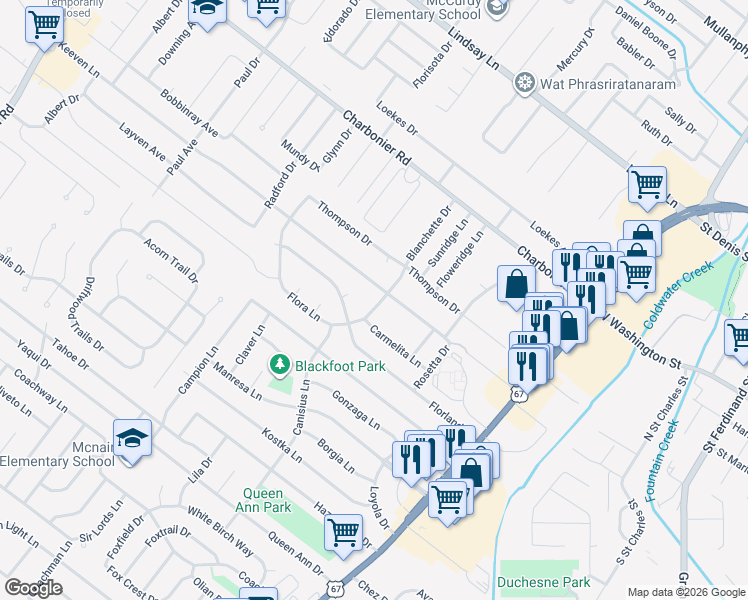 map of restaurants, bars, coffee shops, grocery stores, and more near 925 Keeven Lane in Florissant