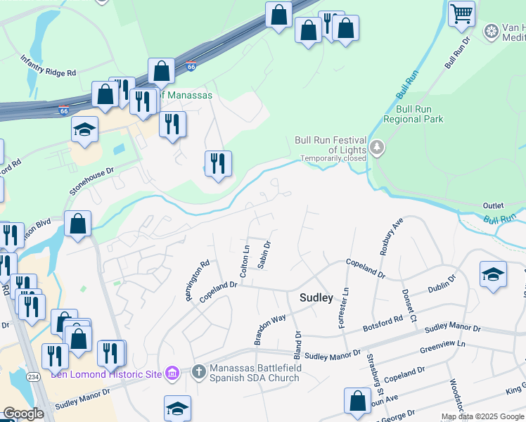map of restaurants, bars, coffee shops, grocery stores, and more near 7374 Colton Ln in Manassas