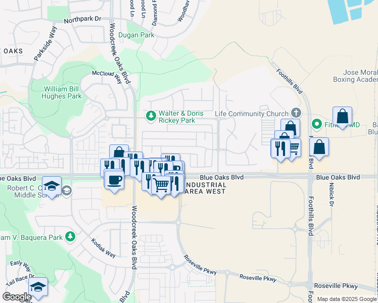 map of restaurants, bars, coffee shops, grocery stores, and more near 1596 Blue Beaver Way in Roseville