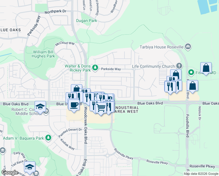 map of restaurants, bars, coffee shops, grocery stores, and more near 1652 Blue Beaver Way in Roseville