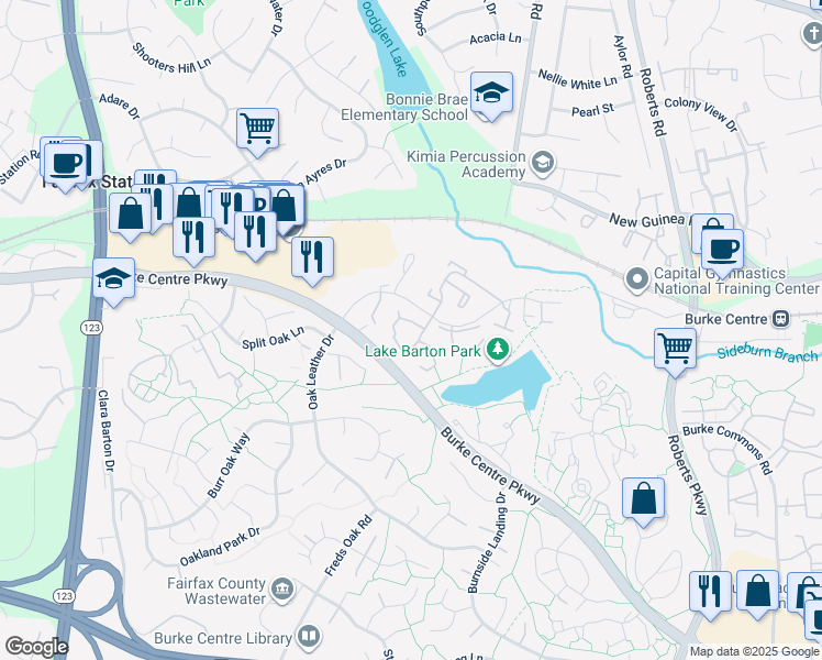 map of restaurants, bars, coffee shops, grocery stores, and more near 10659 Myrtle Oak Court in Burke