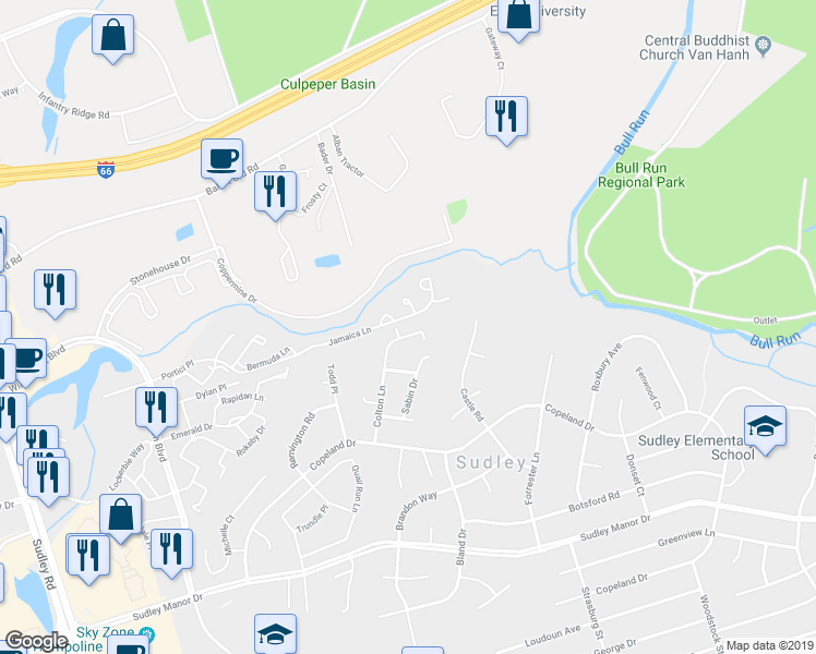 map of restaurants, bars, coffee shops, grocery stores, and more near 7374 Colton Ln in Manassas