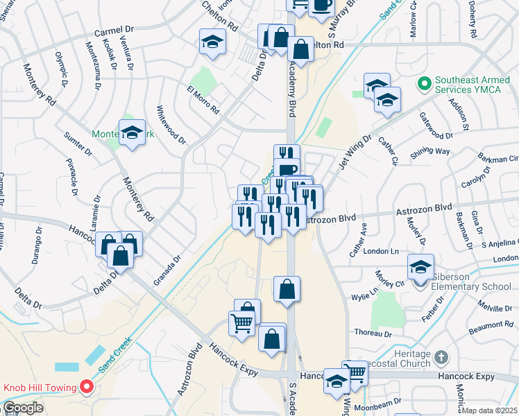 map of restaurants, bars, coffee shops, grocery stores, and more near A Street in Colorado Springs