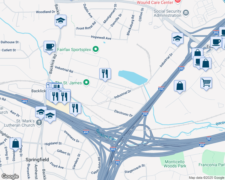 map of restaurants, bars, coffee shops, grocery stores, and more near 6801 Industrial Road in Springfield