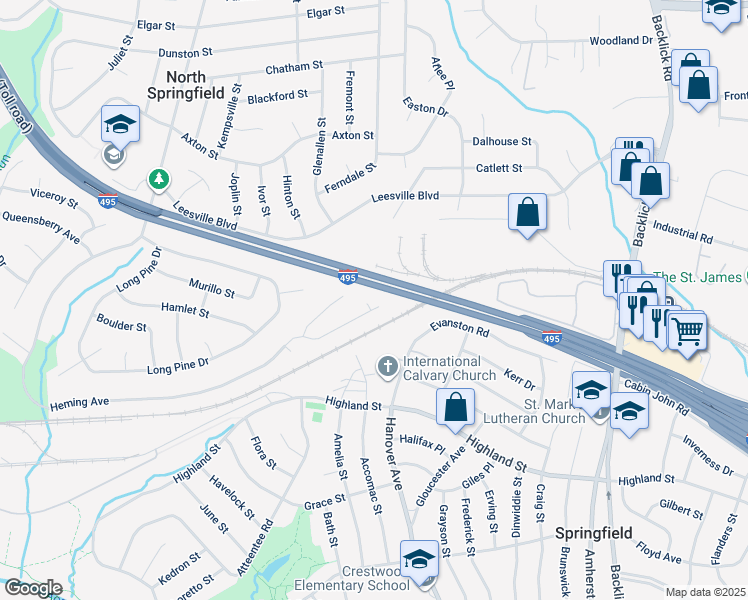 map of restaurants, bars, coffee shops, grocery stores, and more near 5703 Tender Court in Springfield