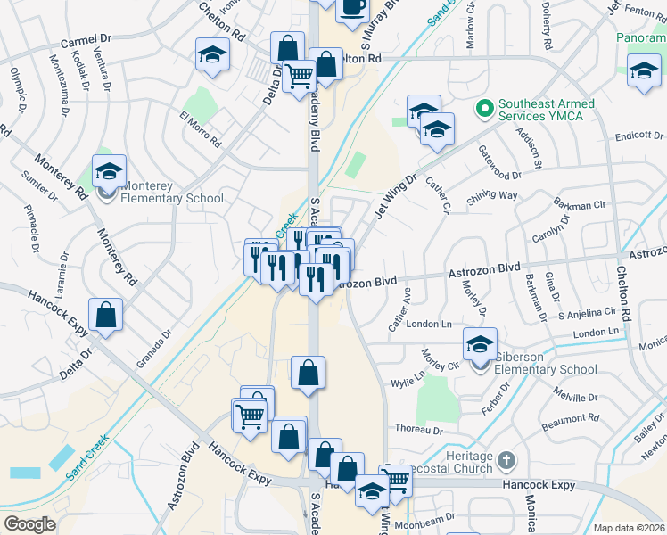 map of restaurants, bars, coffee shops, grocery stores, and more near 2475 South Academy Boulevard in Colorado Springs