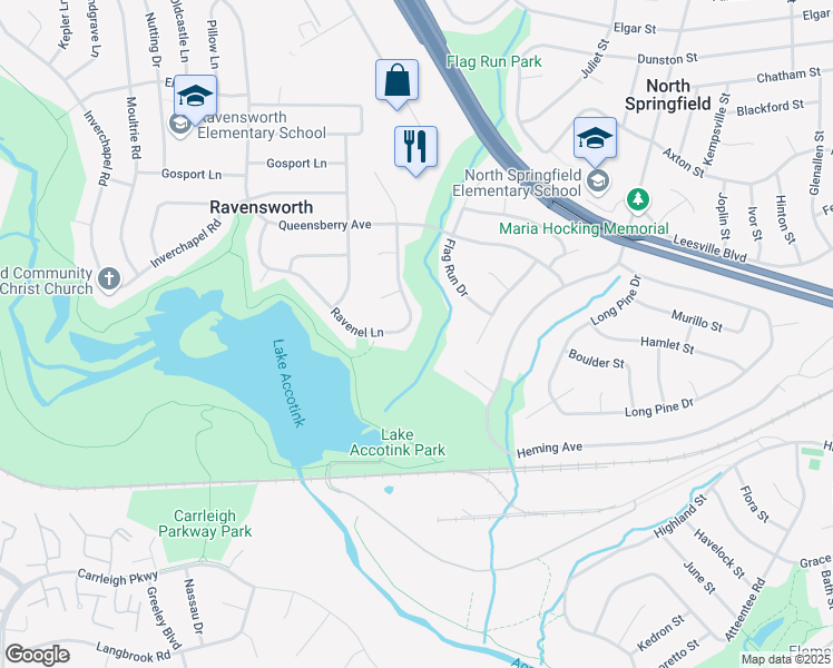 map of restaurants, bars, coffee shops, grocery stores, and more near 5627 Ravenel Lane in Springfield