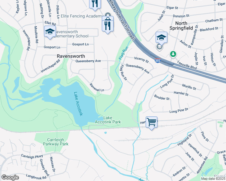 map of restaurants, bars, coffee shops, grocery stores, and more near 5627 Ravenel Lane in Springfield