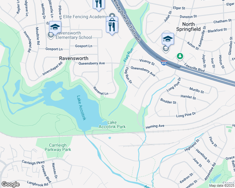 map of restaurants, bars, coffee shops, grocery stores, and more near 5627 Ravenel Lane in Springfield